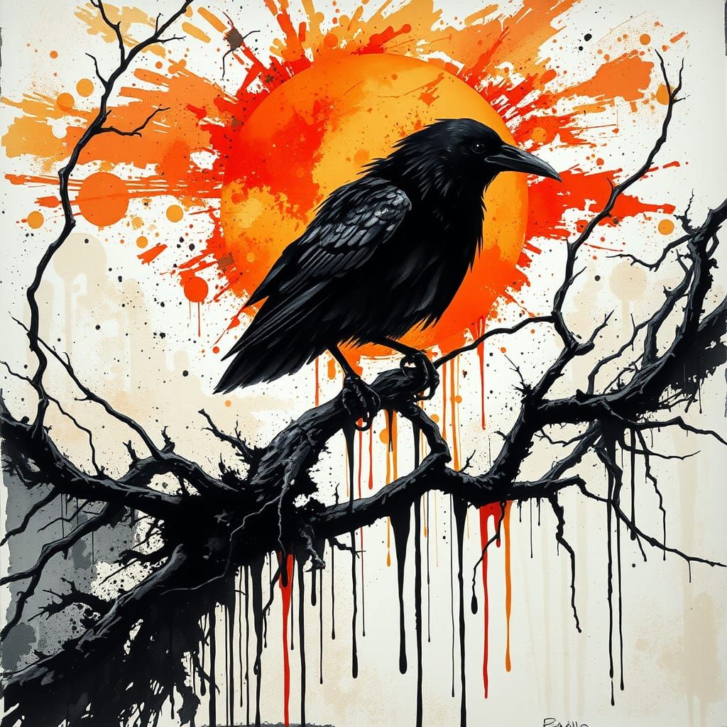 Dark Crow in Abstract Ink Wash Art Style