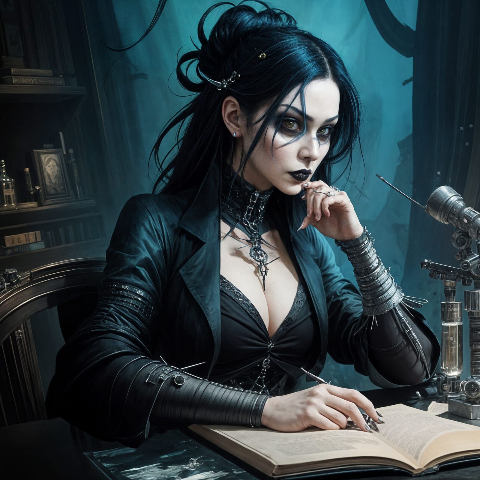 Goth Scientist Girl in DreamWorks Watercolor Style