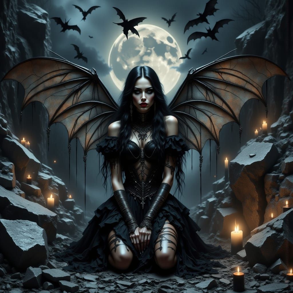 Dark, Enchanting Fairy Amidst Ethereal Candlelight