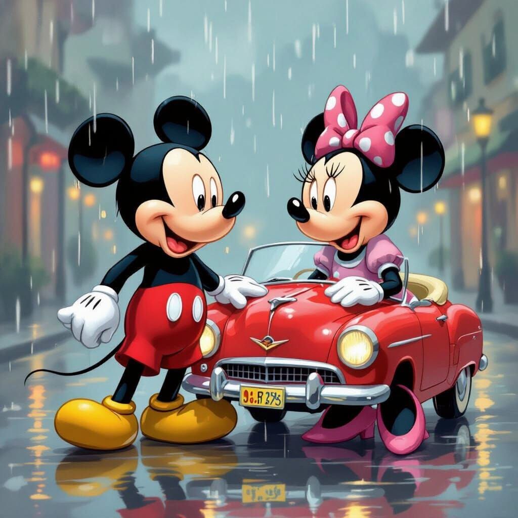 Mickey and Minnie in Rainy Retro Scene