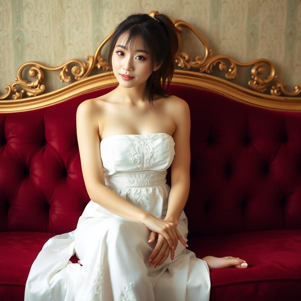 Elegant Japanese Woman on Velvet Sofa