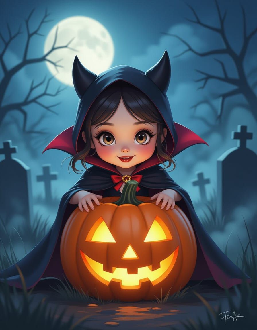 Adorable Vampire Girl Peeking From Jack-o'-Lantern