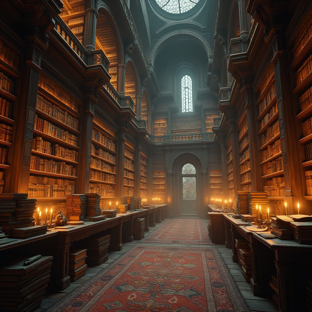 Ancient Library of Mystical Tomes in Warm Golden Light