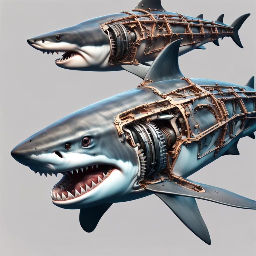 Mechanical Shark Anatomy in 3D Game Cinematic Style