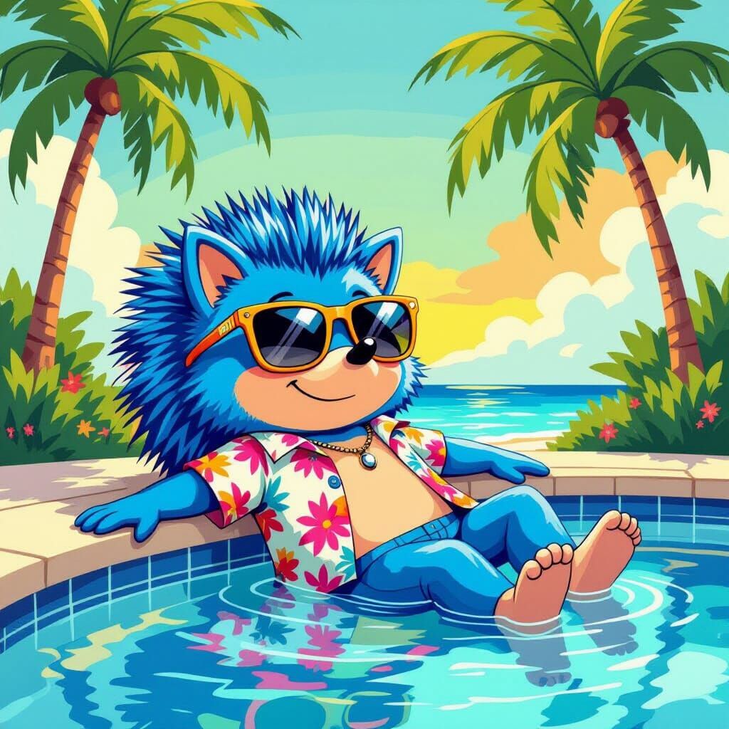 Blue Hedgehog Lounging by Pool in Illustrative Style