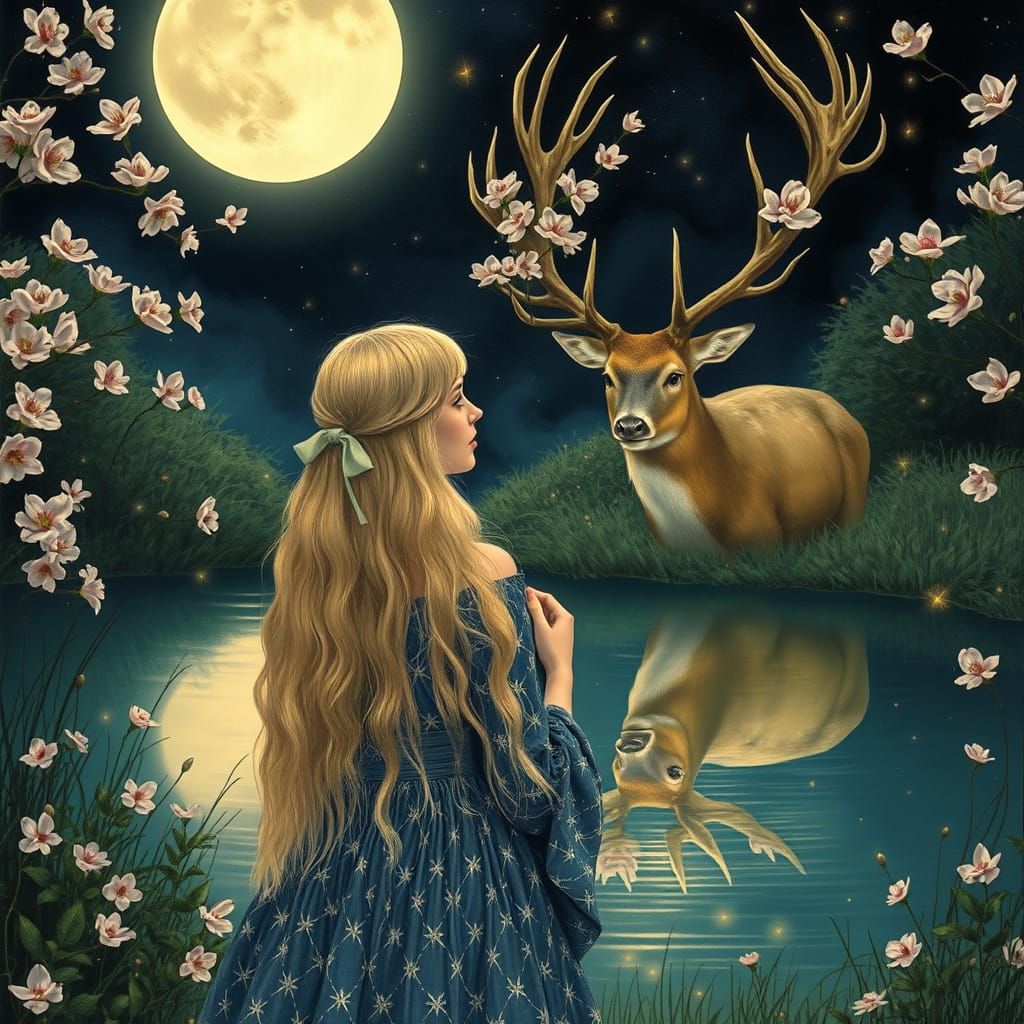 Woman and Stag with Cherry Blossom Antlers