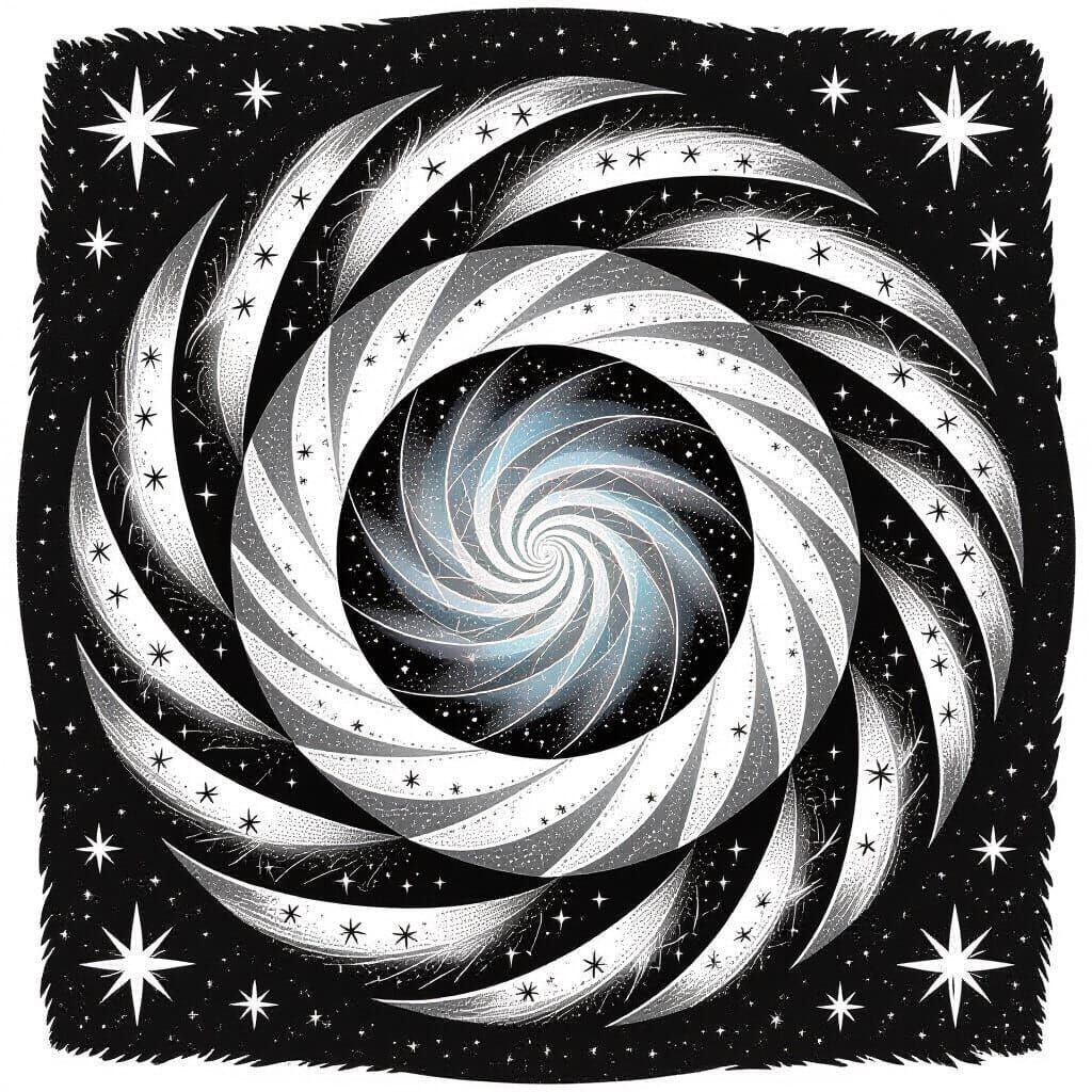 Black and White Spiral Galaxy Ring Line Art