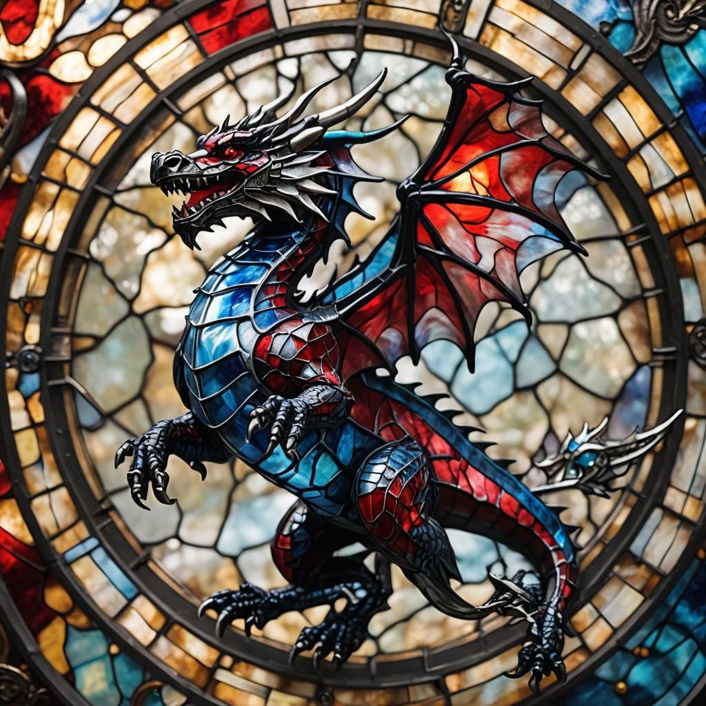 Stained Glass Dragon in Flight: Close-Up Photograph