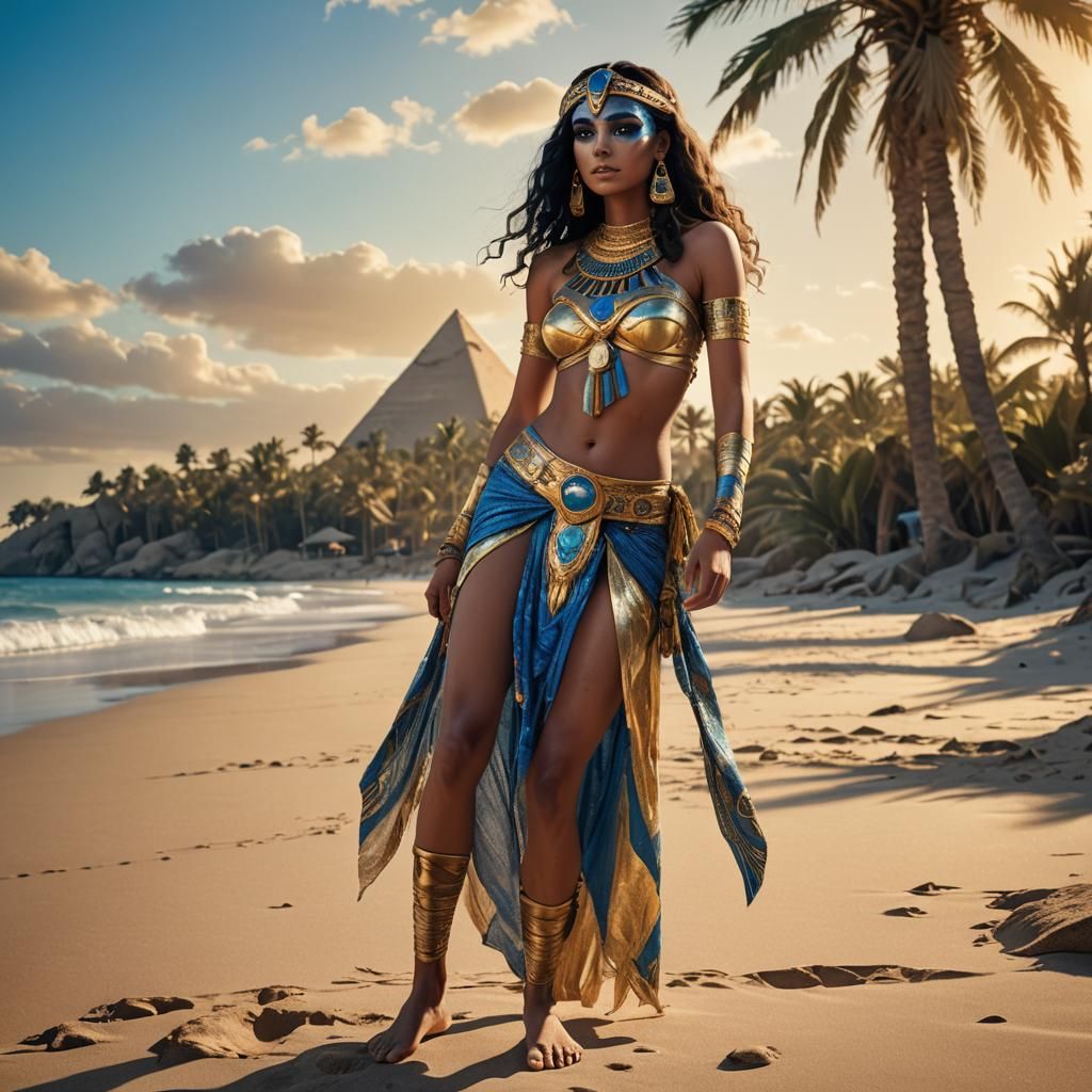Egyptian Tarzan Woman on Beach, Fantasy Art