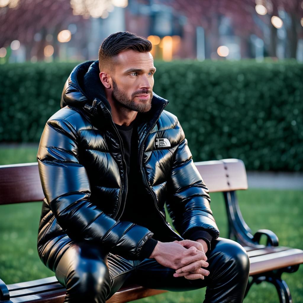Muscular Man in Leather Trousers on Bench