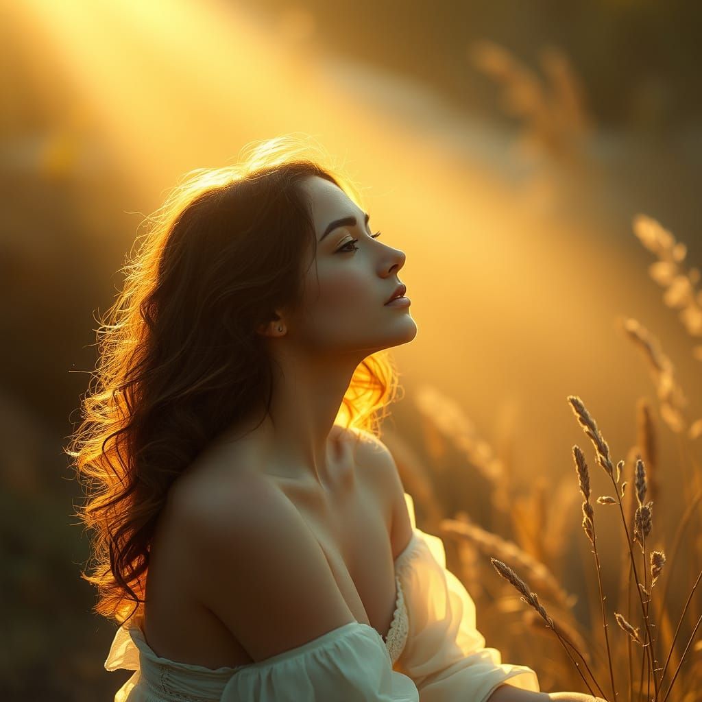 Contemplative Woman in Golden Light: Fantasy Illustration