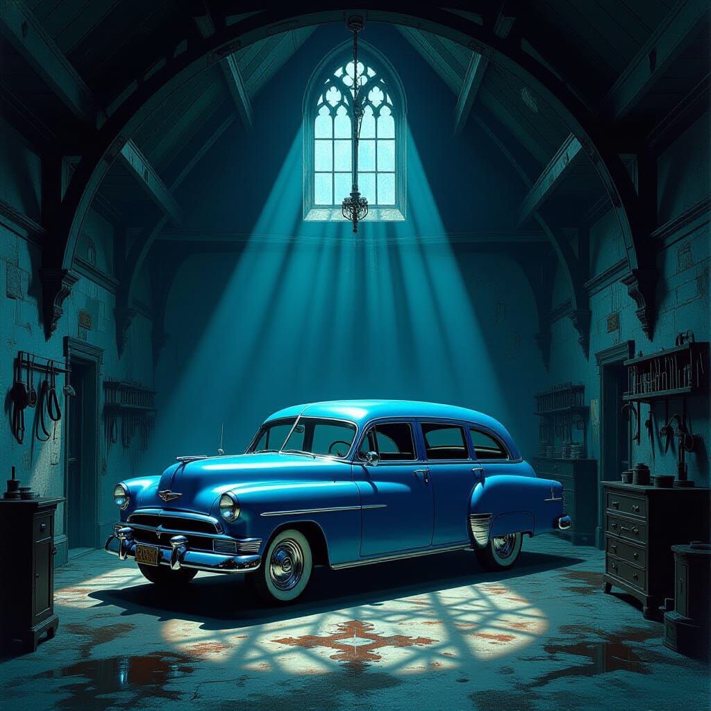 Vintage Hearse in Moonlit Victorian Garage Gothic Art