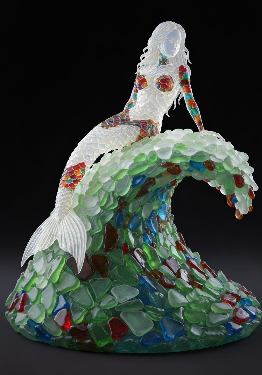 Sea Glass Mermaid Sculpture on Crashing Wave