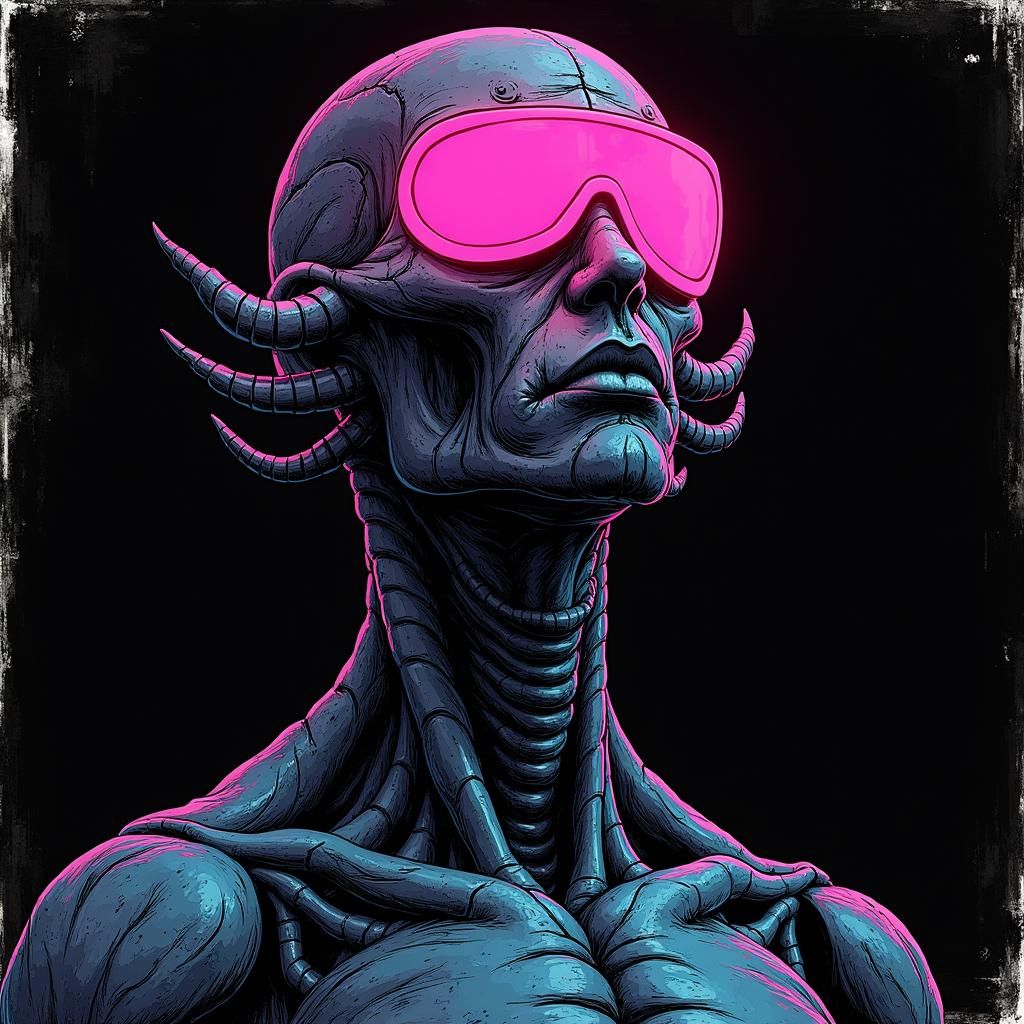 Surreal Action Figure Head in Retro Wave Style