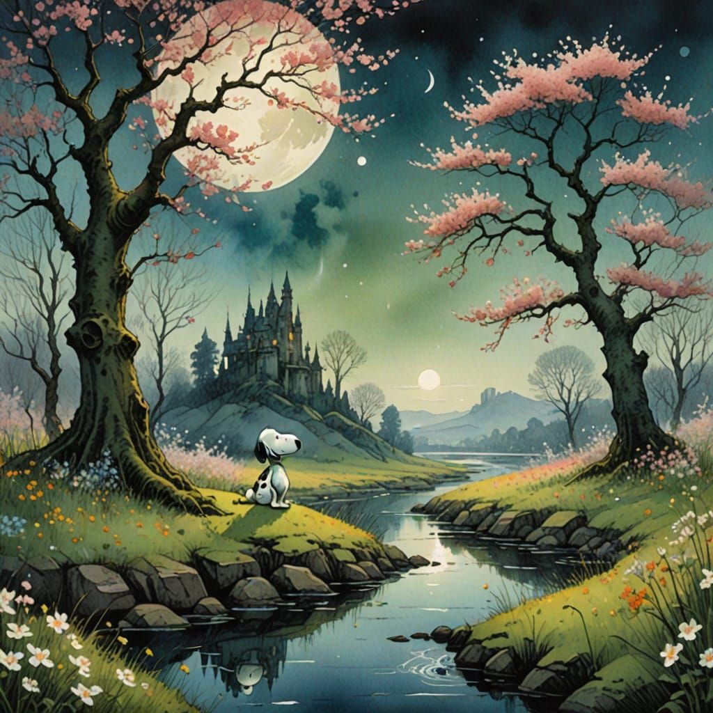 Moonlit Meadow with Blossoms in Watercolor Fantasy Style