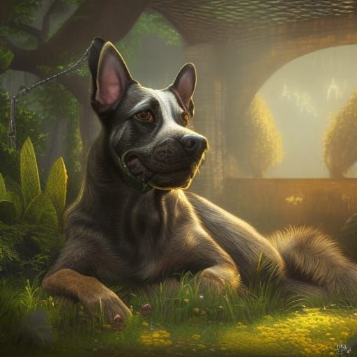 Fantastical Backyard Scene with a Dog