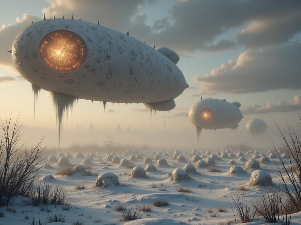 Surreal Winter Dirigibles Hover Over Snowy Field