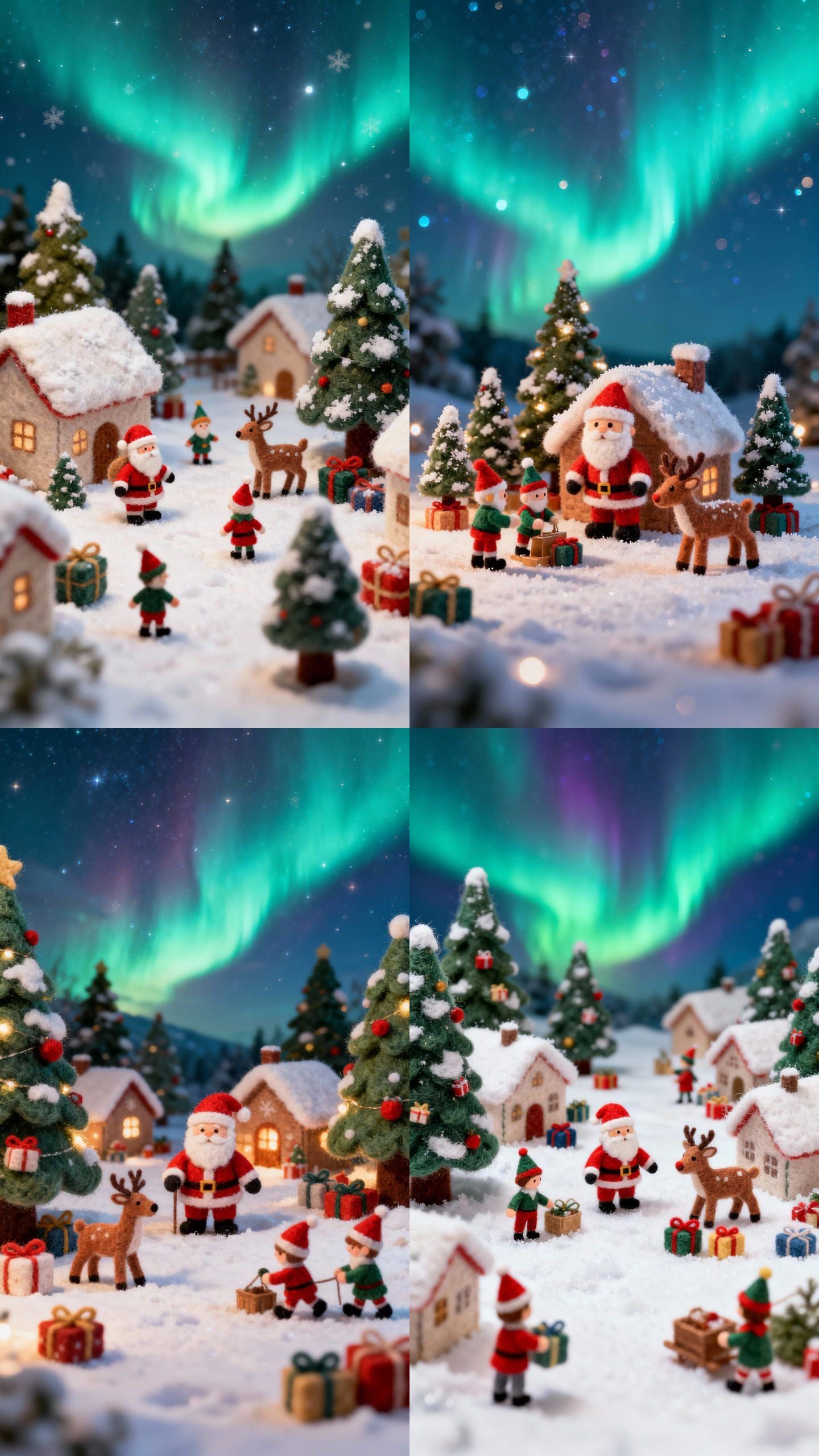 Miniature Felt Snowy Santa Village with Northern Lights
