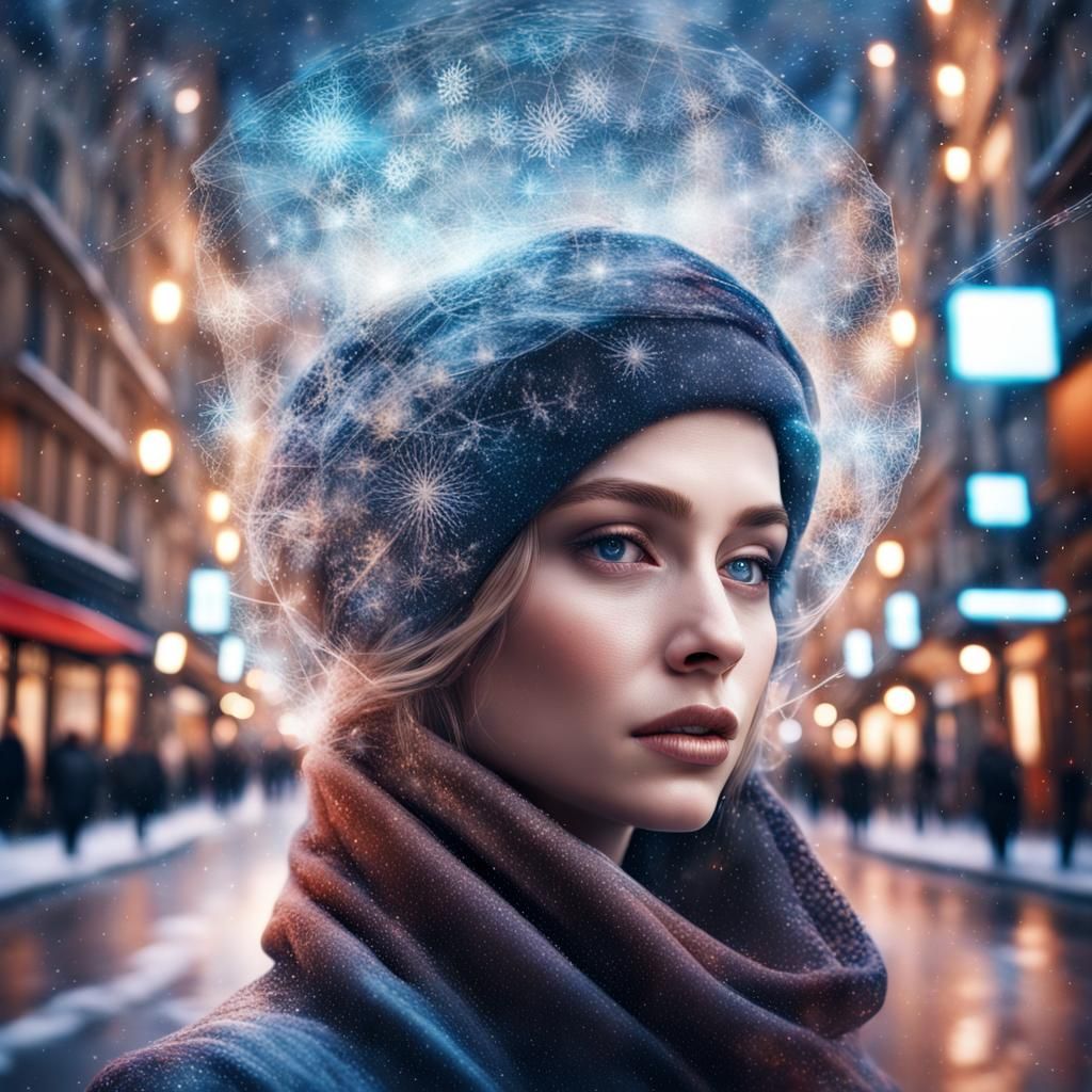 Intergalactic Paris Snowscape Portrait in Double Exposure