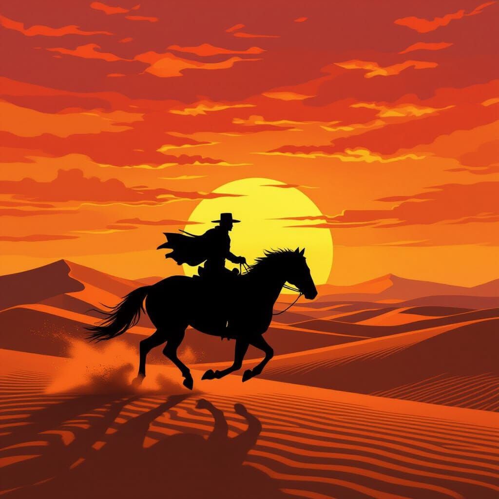 Horse and Rider Galloping Across Desert Sunset