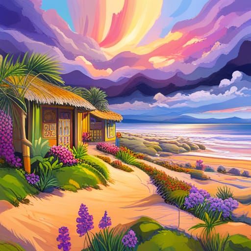 Colorful Tiki Bar Beach Scene Line Drawing