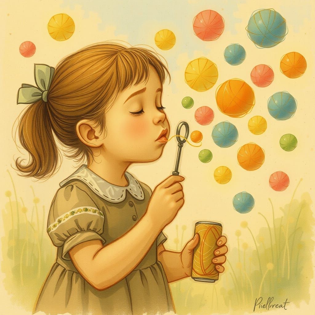 Girl Blowing Yarn Bubbles in Sunny Garden as Watercolor