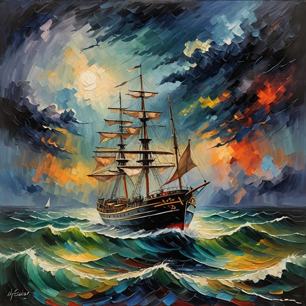 Ship Sails into Storm: Expressionist Oil Painting