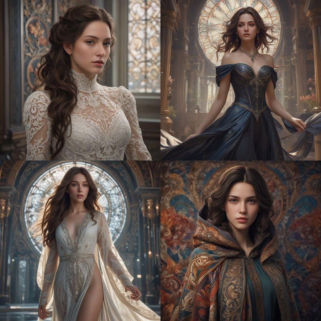 Sultry Brunette Goddess Strides Forward in Triadic Hues