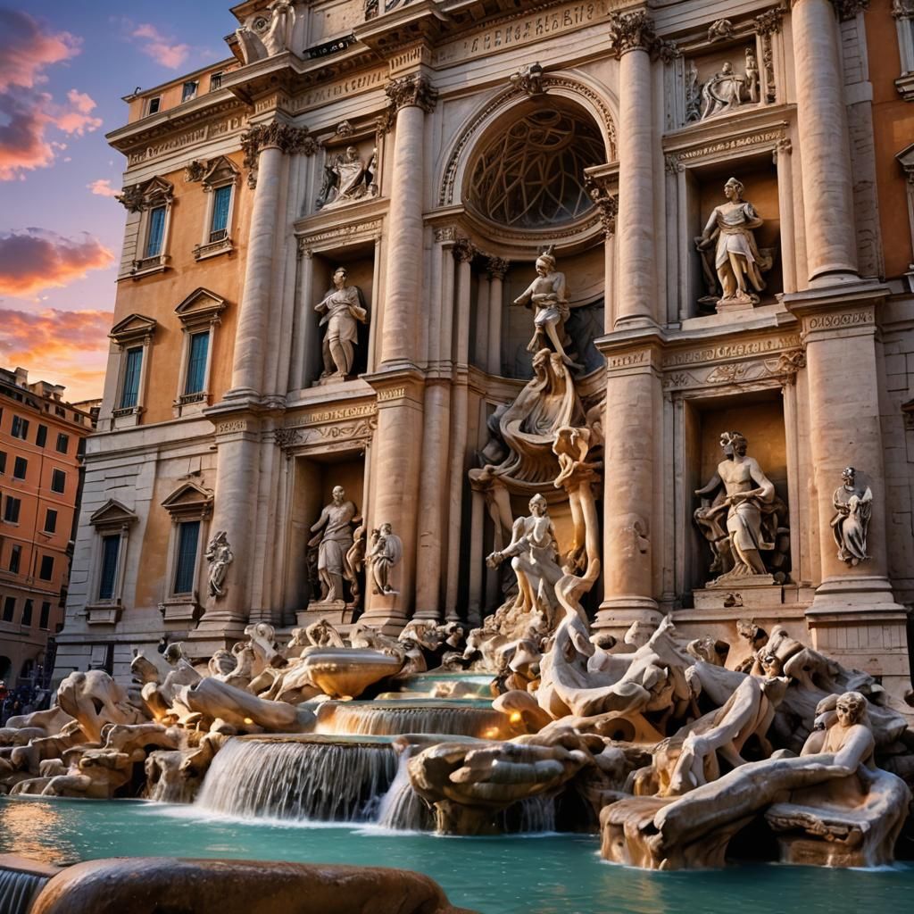 Serene Sunset Over Trevi Fountain in HDR
