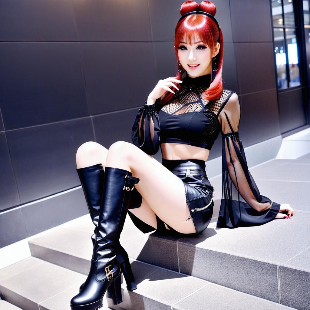 Anime Girl in Y2K Fashion with Black Outfit