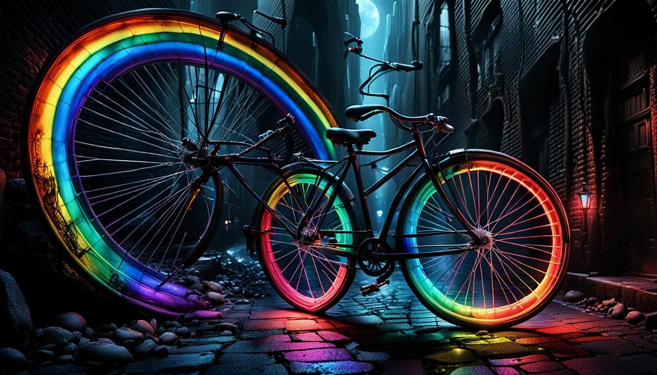 Rainbow Bicycle in Twisted Gothic Cityscape