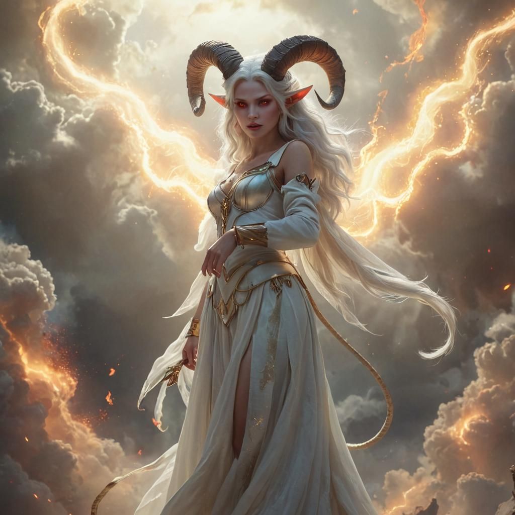 Snow-White Tiefling Girl in Divine Realm: Digital Matte Pain...