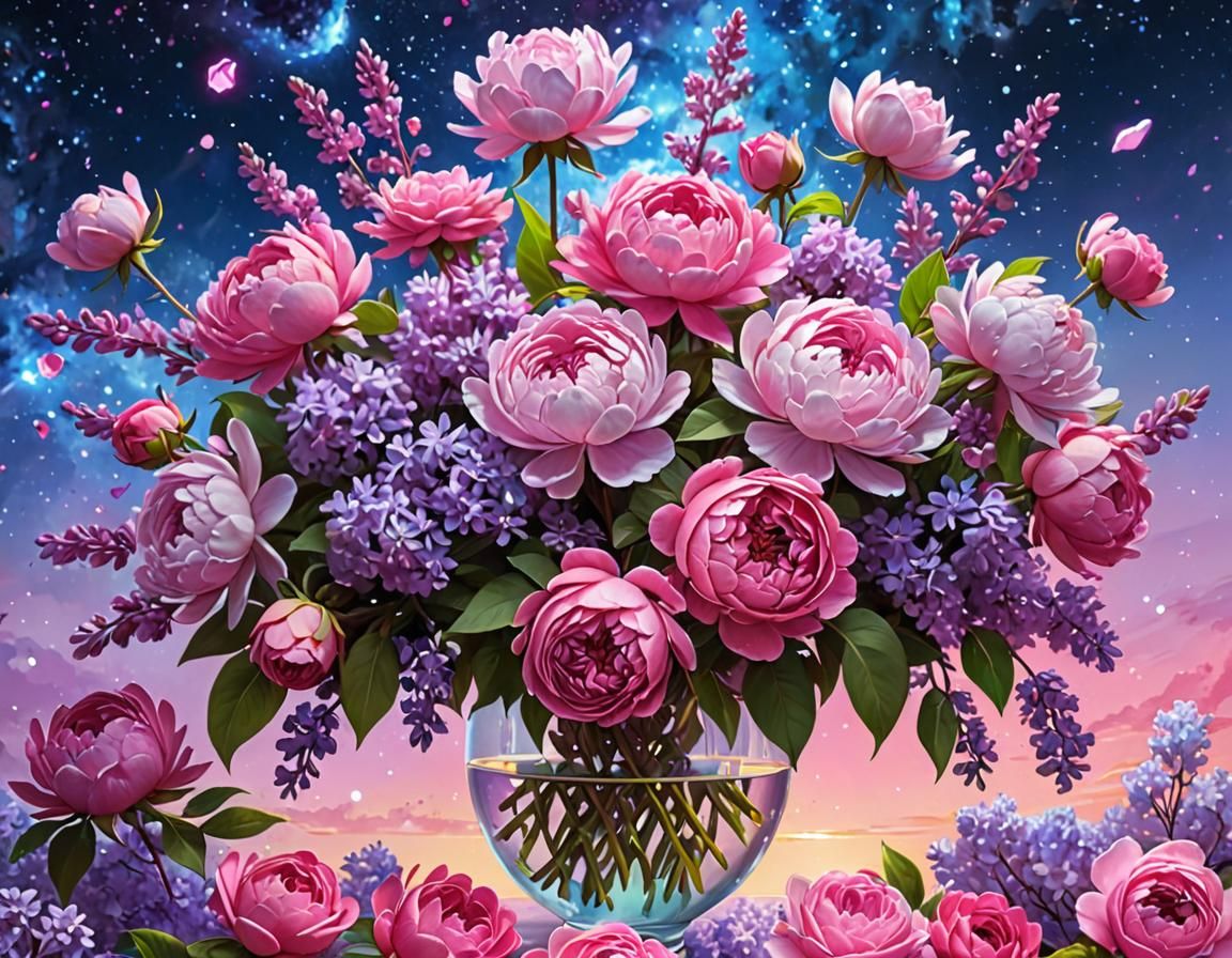 Mystical Bouquet of Lilacs and Roses in Oil Painting