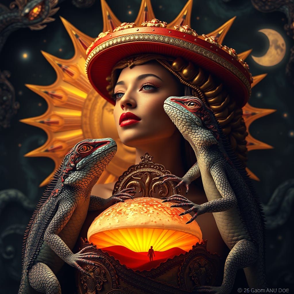 Lizard Woman with Hallucination Mushroom, Ornate Art