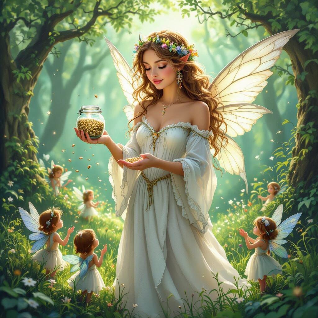Angel in Magic Forest with Fairies: Whimsical Digital Art