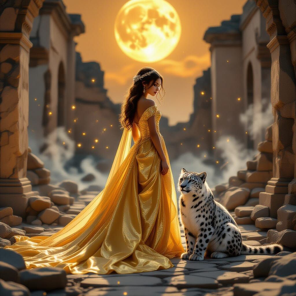 Girl in Gold Gown with Snow Leopard Under Amber Moon