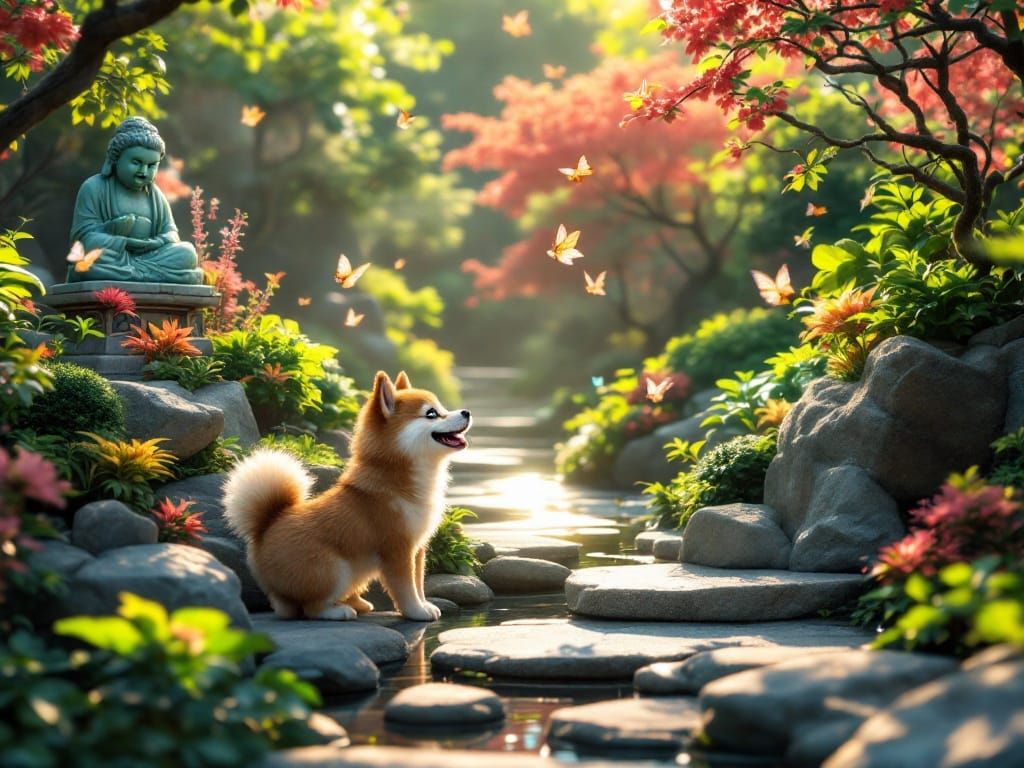 Surreal Japanese Rock Garden Scene with Shiba Inu Puppy and ...