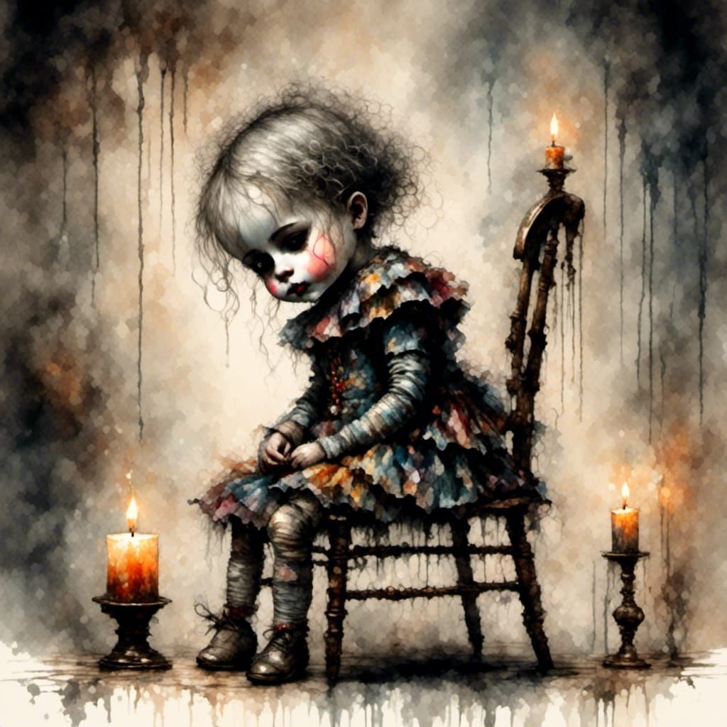 A sad little harlequin doll is sitting on a chair in a dark room dim