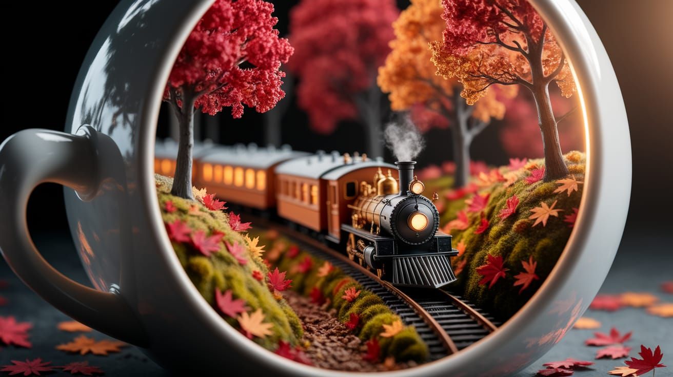 Miniature Autumn Train Diorama in Ceramic Mug