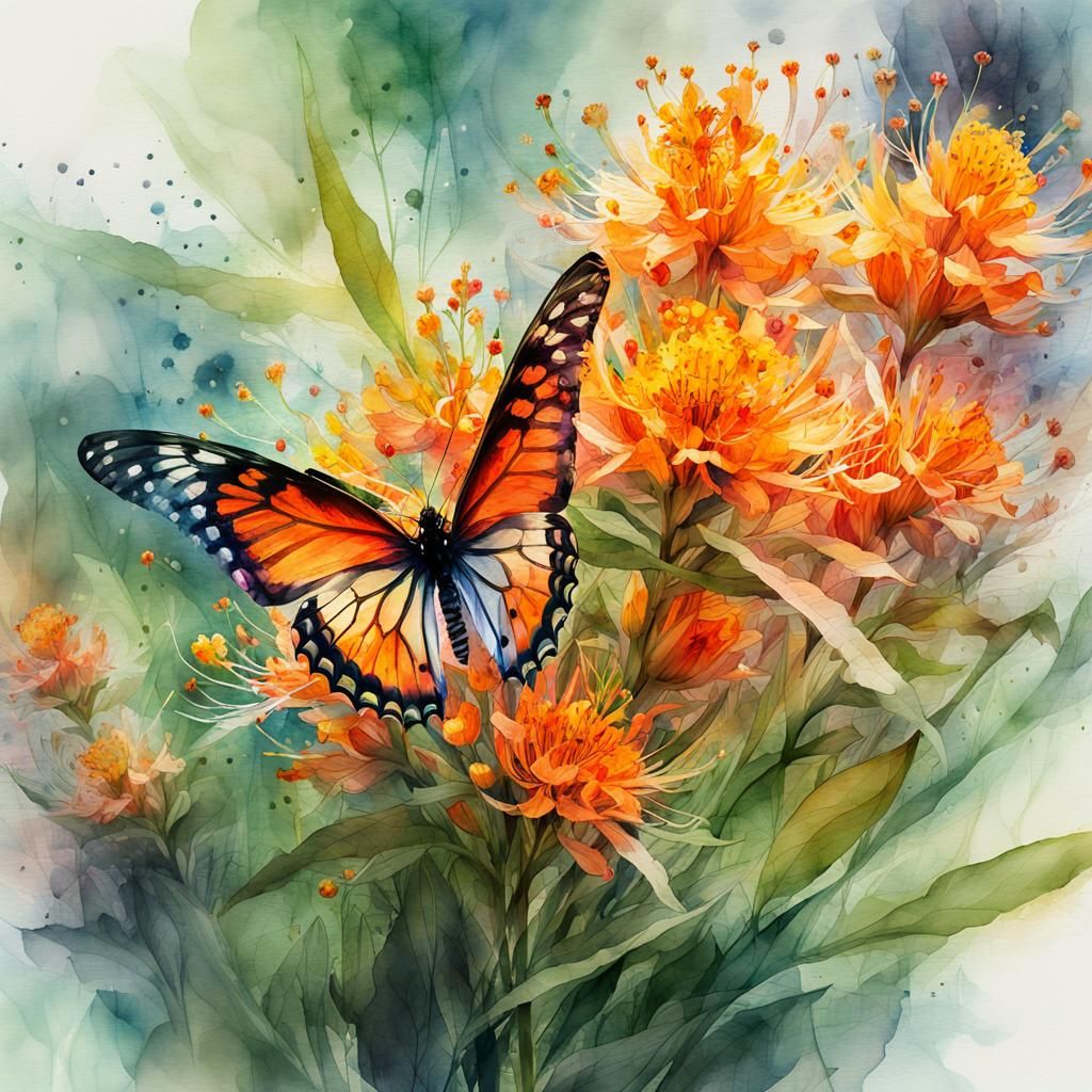 Fantasy Butterfly Weed Watercolor Double Exposure