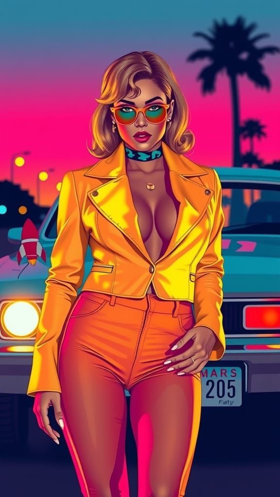 Sultry Woman in Neon-Lit Scene, Inspired by Syd Mead's Futur...