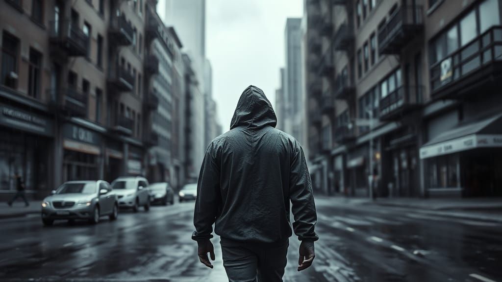 Man Lost in Rainy City Streets, Urban Decay, Cinematic Light...