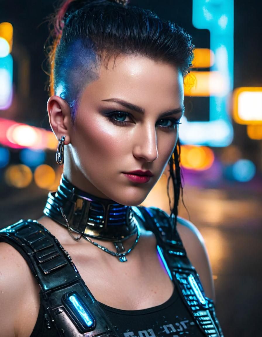 Cyberpunk Warrior in Rainy Cityscape: Film Noir Portrait