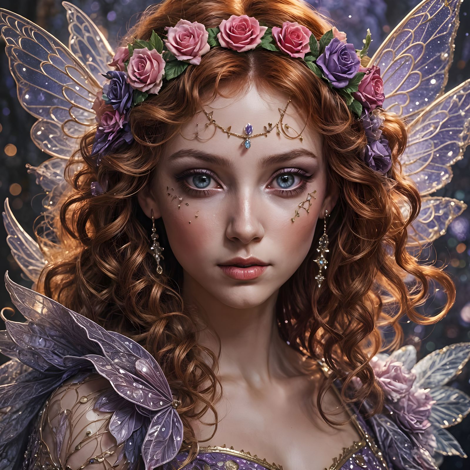 Mystical Fairy Portrait with Vibrant Red Hair and Glittering...