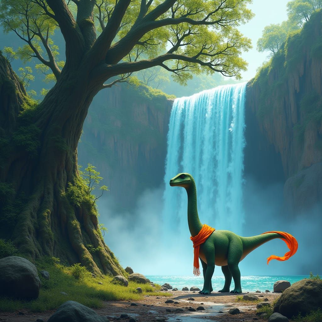 Enchanted Waterfall Scene with Ancient Tree and Brachiosauru...