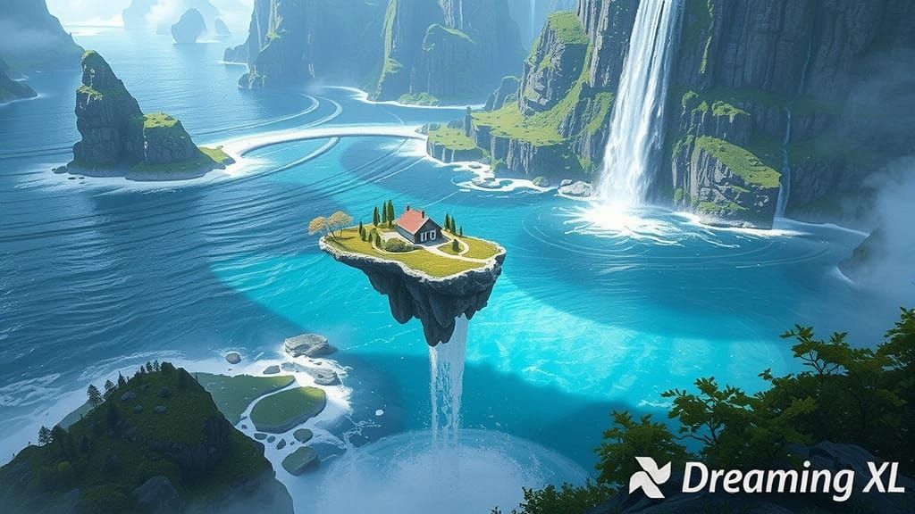 Floating Landmass in a Fantasy World with Waterfall and Rust...