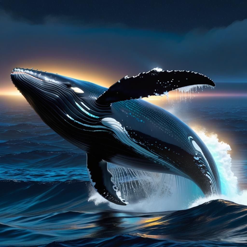Iridescent Humpback Whale Breaching at Night