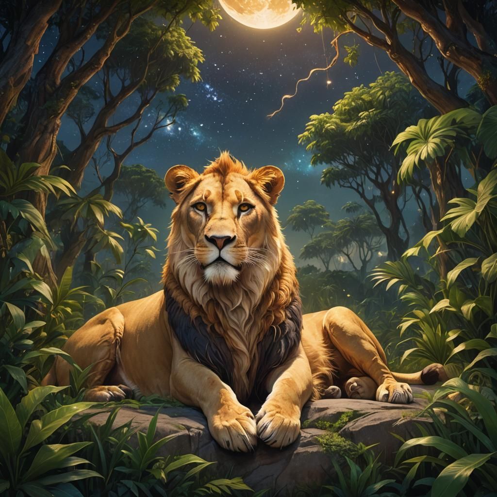 Majestic Xanthic Lioness Under Tropical Night Sky