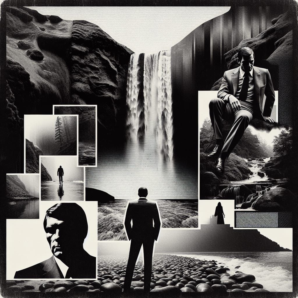 Noir Collage: Waterfall, Man, Silhouette, 1970s Art