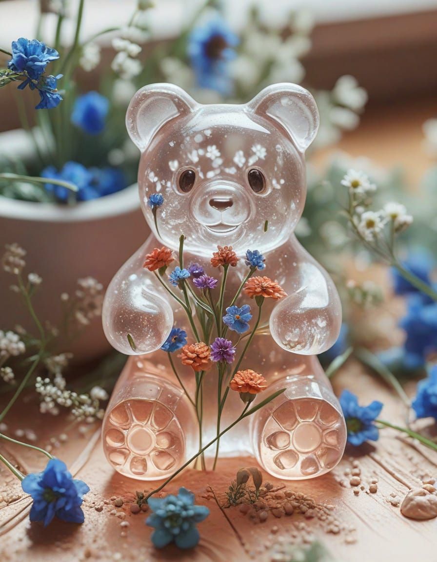 Kawaii Gummy Bear in a Vibrant Spring Garden
